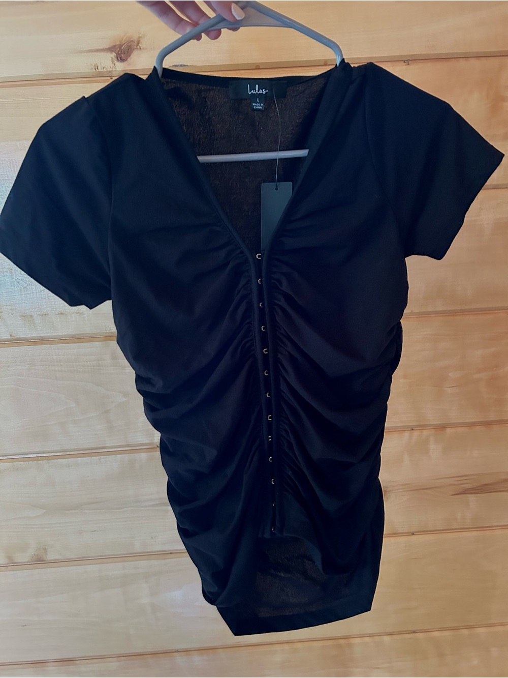 Lulu's Black Ruched Snap-Front Short Sleeve Top